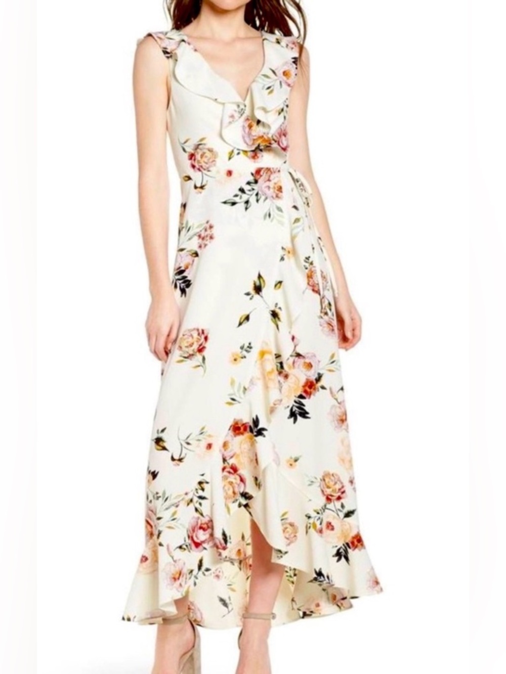 Leith Cream Floral Tea Party Wrap Midi Dress with Ruffle Trim size S